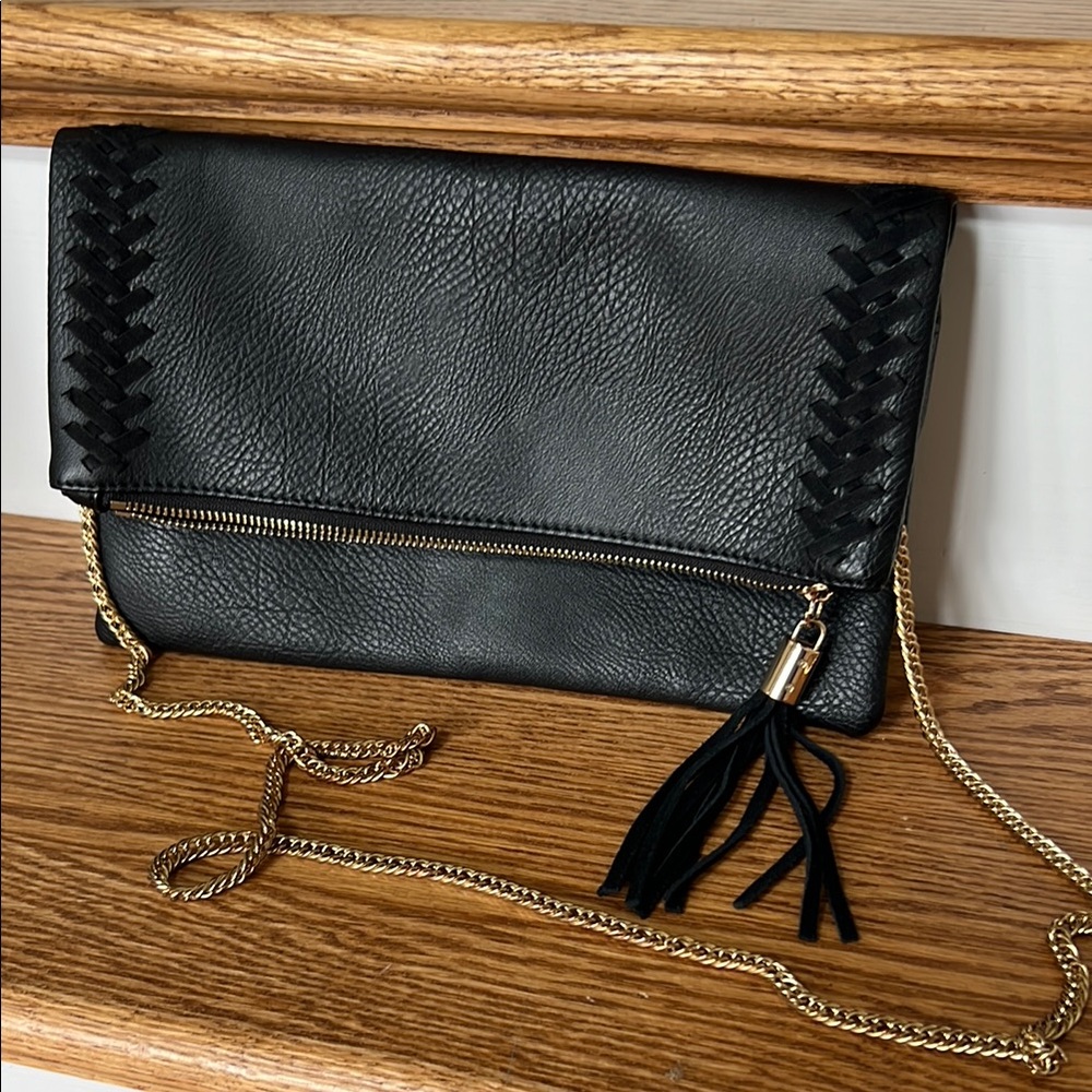 Chic Black Clutch with Gold Chain and Tassel